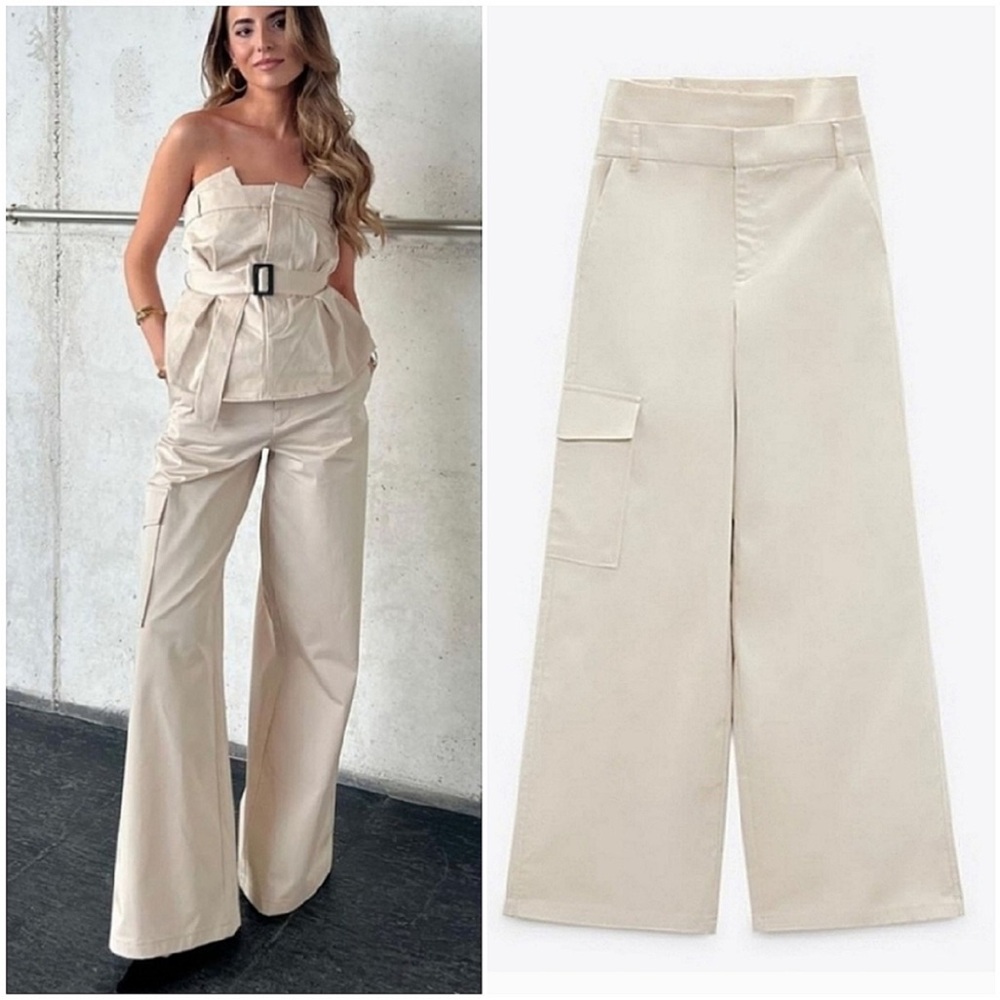 Zara Belted Gabardine Pants - Size XS, Light Beige